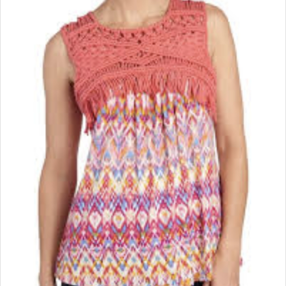 NWT Retrology Crochet & Aztec Print Pink Tank Top. Women's Large.